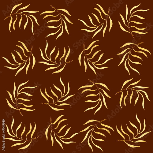 Seamless pattern with hand drawn watercolor elements. Golden leaves on a brown background. For textile and wallpaper. A set of elegance autumn leaves.