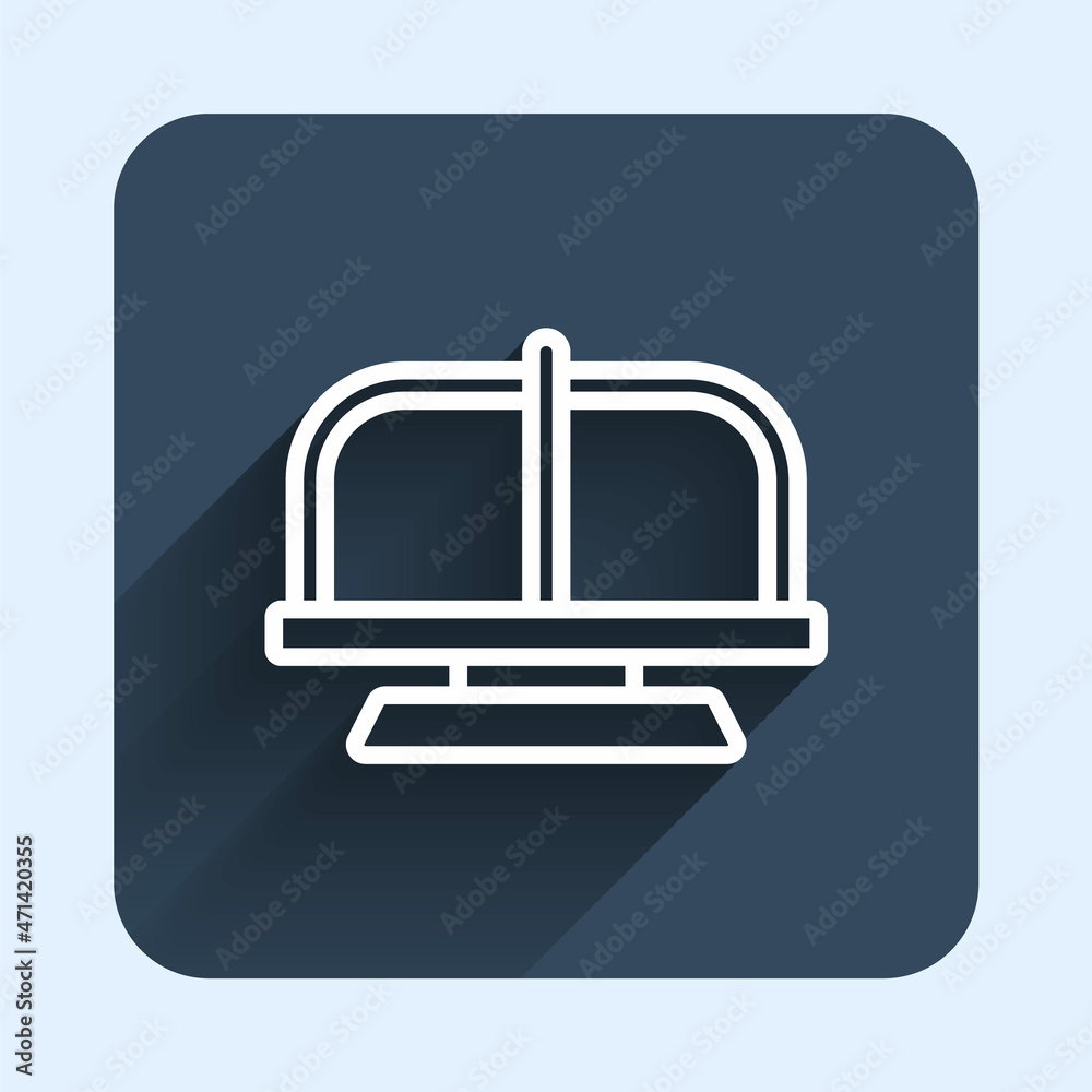 White line Attraction carousel icon isolated with long shadow background. Amusement park. Childrens entertainment playground, recreation park. Blue square button. Vector White line Attraction carousel icon isolated with long shadow background. Amusement park. Childrens entertainment playground, recreation park. Blue square button. Vector