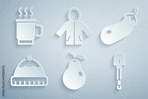 Set Pear  Eggplant  Winter hat  Shovel  Raincoat and Cup of tea icon. Vector