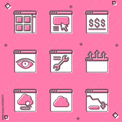 Set Browser files, UI or UX design, Online shopping on screen, incognito window, setting, Cloud technology data transfer and icon. Vector