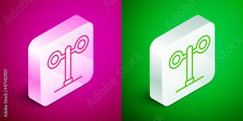 Isometric line Train traffic light icon isolated on pink and green background. Traffic lights for the railway to regulate the movement of trains. Silver square button. Vector