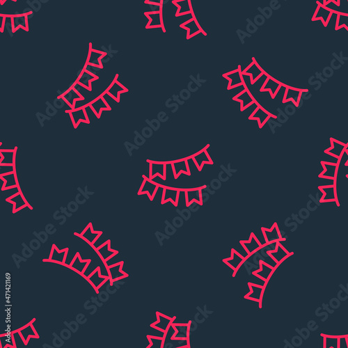 Red line Carnival garland with flags icon isolated seamless pattern on black background. Party pennants for birthday celebration, festival decoration. Vector