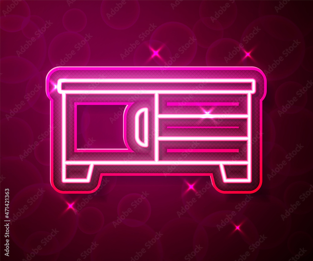 Glowing neon line TV table stand icon isolated on red background. Vector Glowing neon line TV table stand icon isolated on red background. Vector