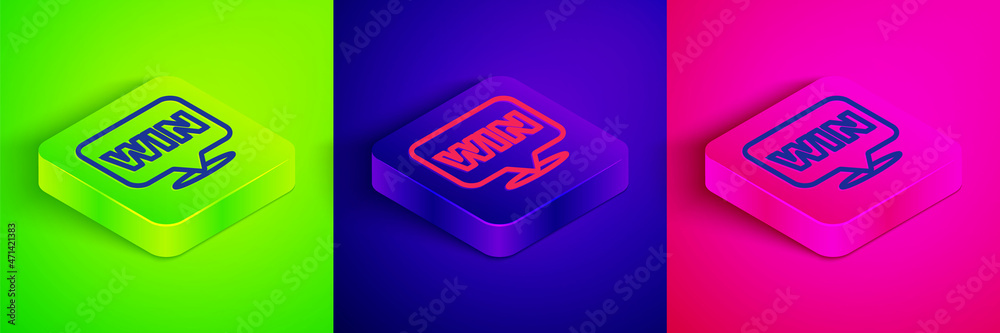 Isometric line Medal icon isolated on green, blue and pink background. Winner symbol. Square button. Vector Isometric line Medal icon isolated on green, blue and pink background. Winner symbol. Square button. Vector