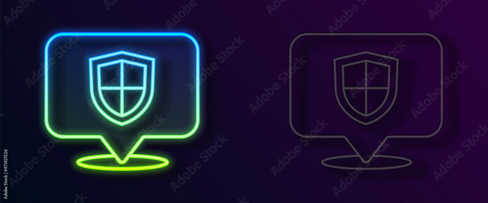 Glowing neon line Location shield icon isolated on black background. Insurance concept. Guard sign. Security, safety, protection, privacy concept. Vector Glowing neon line Location shield icon isolated on black background. Insurance concept. Guard sign. Security, safety, protection, privacy concept. Vector