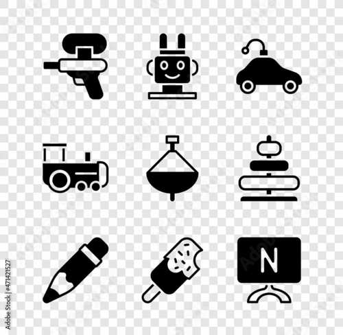 Set Water gun, Robot toy, Radio controlled car, Pencil with eraser, Ice cream, Smart Tv, Toy train and Whirligig icon. Vector