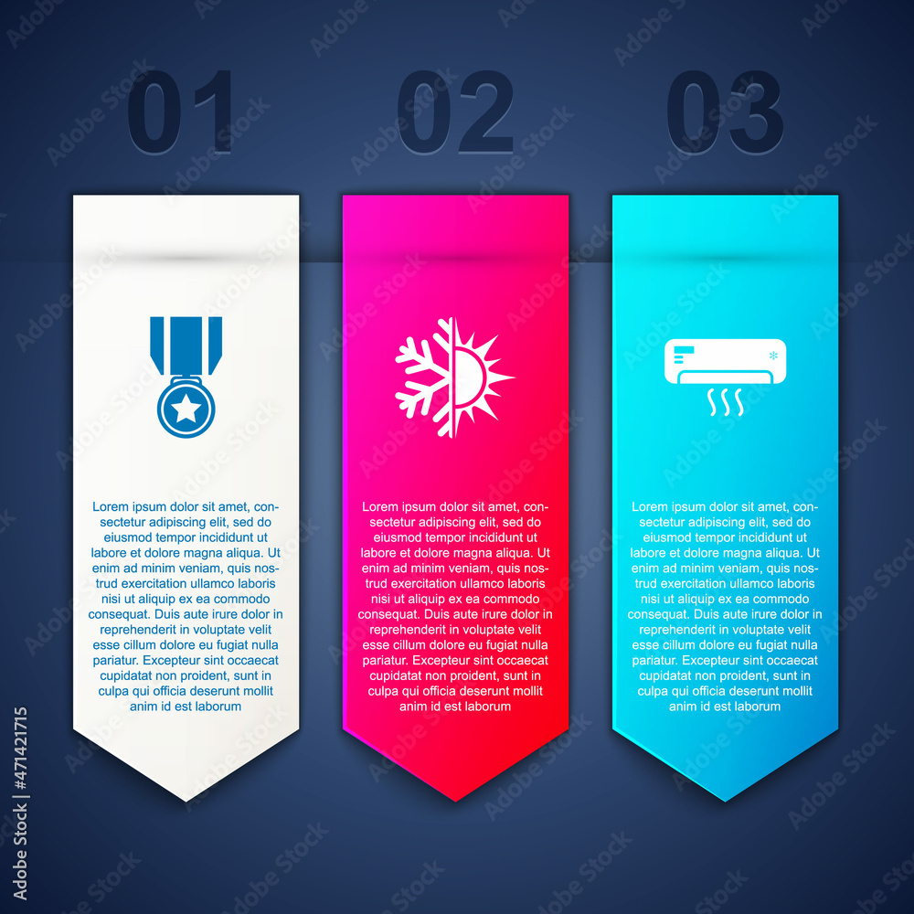 Set Medal with star, Sun and snowflake and Air conditioner. Business infographic template. Vector Set Medal with star, Sun and snowflake and Air conditioner. Business infographic template. Vector
