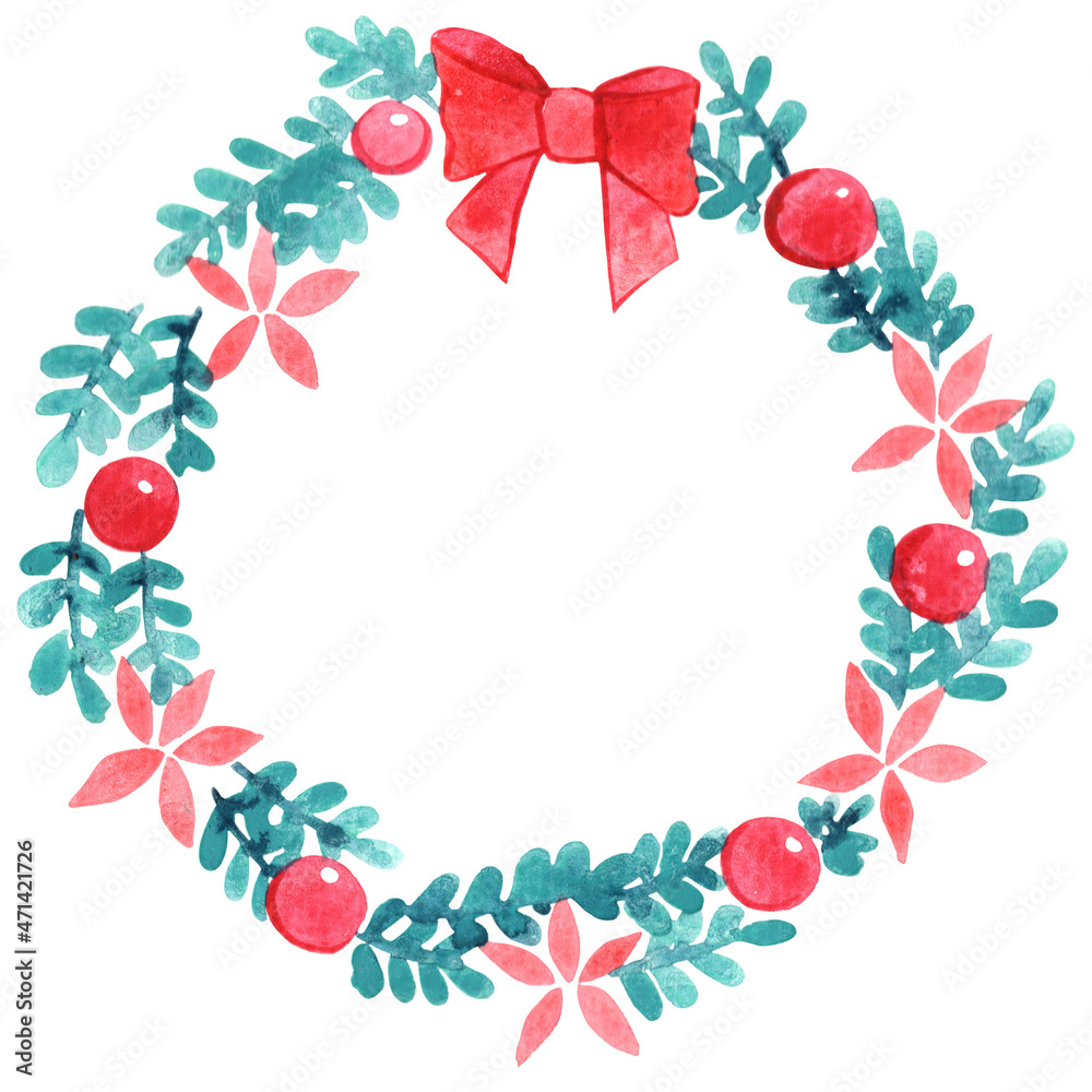 Fern leaf, flower, ball and red bow watercolor wreath for Christmas holiday events.