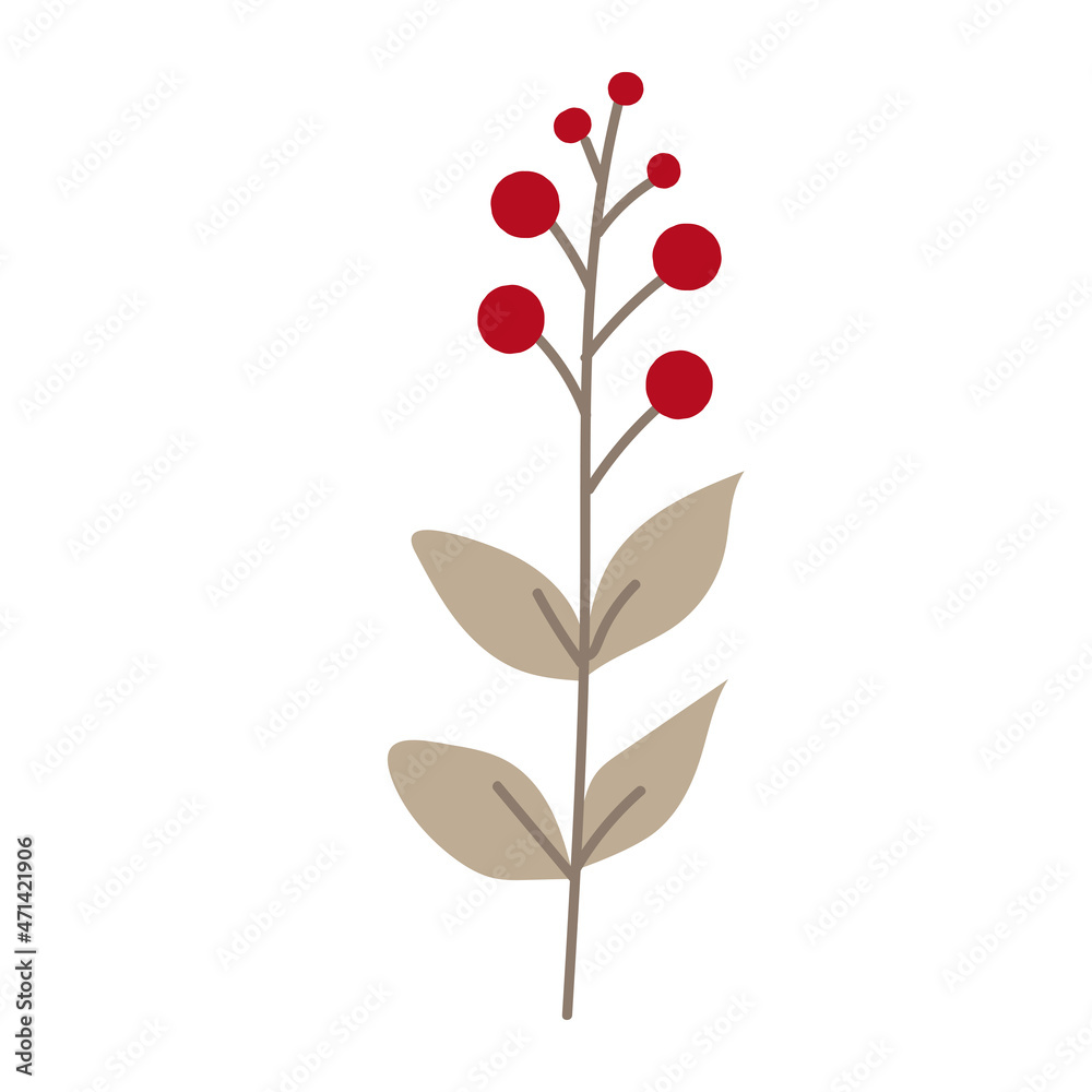 Simple plant decoration in doodle style. Simple decor for a festive Christmas and New Years. Vector illustration isolated on white background.