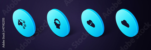 Set Isometric Music streaming service, , Head silhouette with cloud and Car sharing icon. Vector