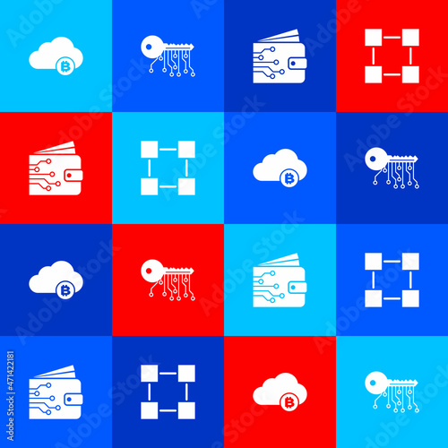 Set Cryptocurrency cloud mining, key, wallet and Blockchain technology icon. Vector