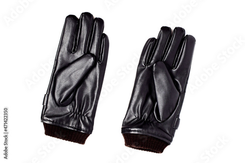 Pair of black leather gloves isolated on white background