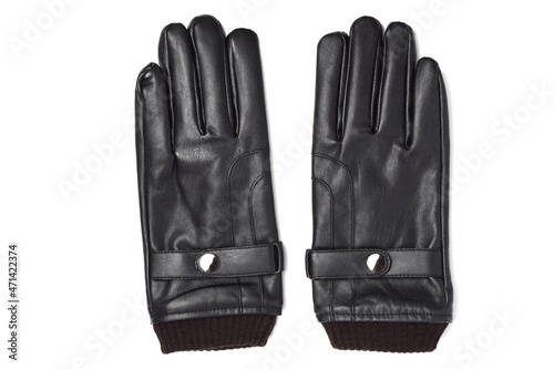 Pair of black leather gloves isolated on white background