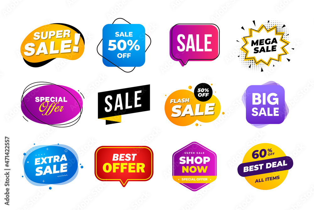 Collection of sales discount banners. Best price sticker. Offer and sale labels. Discount banner template design for promotion. Vector illustrations