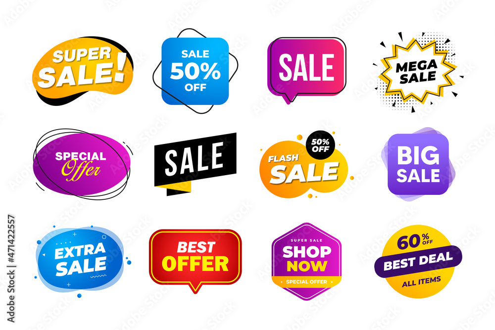 Obraz premium Collection of sales discount banners. Best price sticker. Offer and sale labels. Discount banner template design for promotion. Vector illustrations