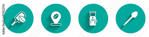 Set Spatula with coffee grain, Location bean, Electric grinder and Teaspoon icon with long shadow. Vector