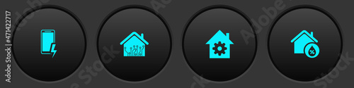Set Mobile charging battery, Smart home, settings and House humidity icon. Vector