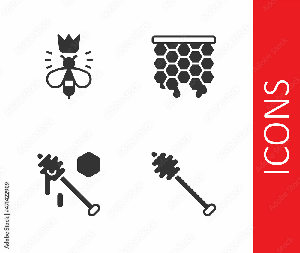 Set Honey dipper stick, Queen bee, and Honeycomb icon. Vector Set Honey dipper stick, Queen bee, and Honeycomb icon. Vector