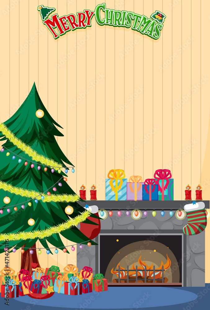Merry Christmas poster template with christmas house interior