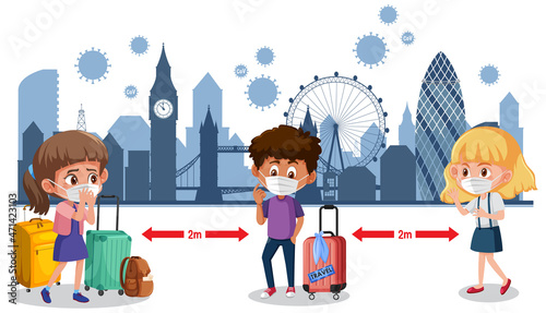 Social distancing with tourists waiting in a queue