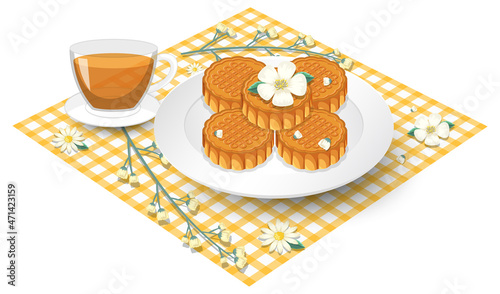 Pile of mooncakes with teacup set on tablecloth