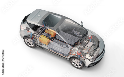 Electric car technical cutaway 3d rendering.