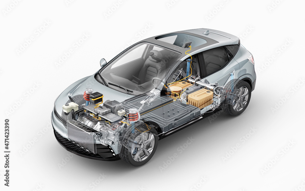 Electric car technical cutaway 3d rendering. - obrazy, fototapety, plakaty 
