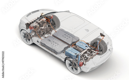 Electric car technical cutaway 3d rendering. photo