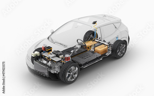 Electric car technical cutaway 3d rendering. © matis75