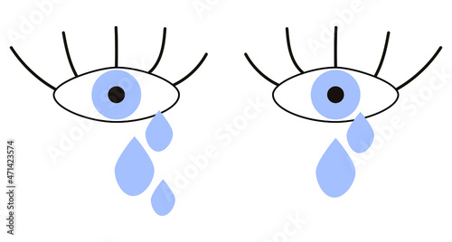Blue eyes with tears. Vector illustration of grief, tragedy.