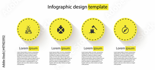 Set Campfire, Canteen water bottle, Wooden axe in stump and Compass. Business infographic template. Vector