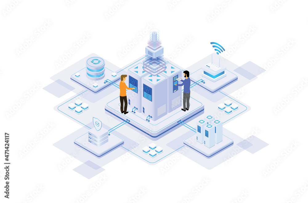 data center or server room processing data operation with security protection and maintenance with isometric design style - vector data center or server room processing data operation with security protection and maintenance with isometric design style - vector