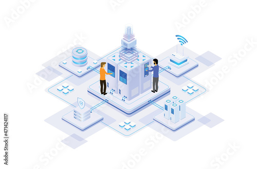 data center or server room processing data operation with security protection and maintenance with isometric design style - vector	