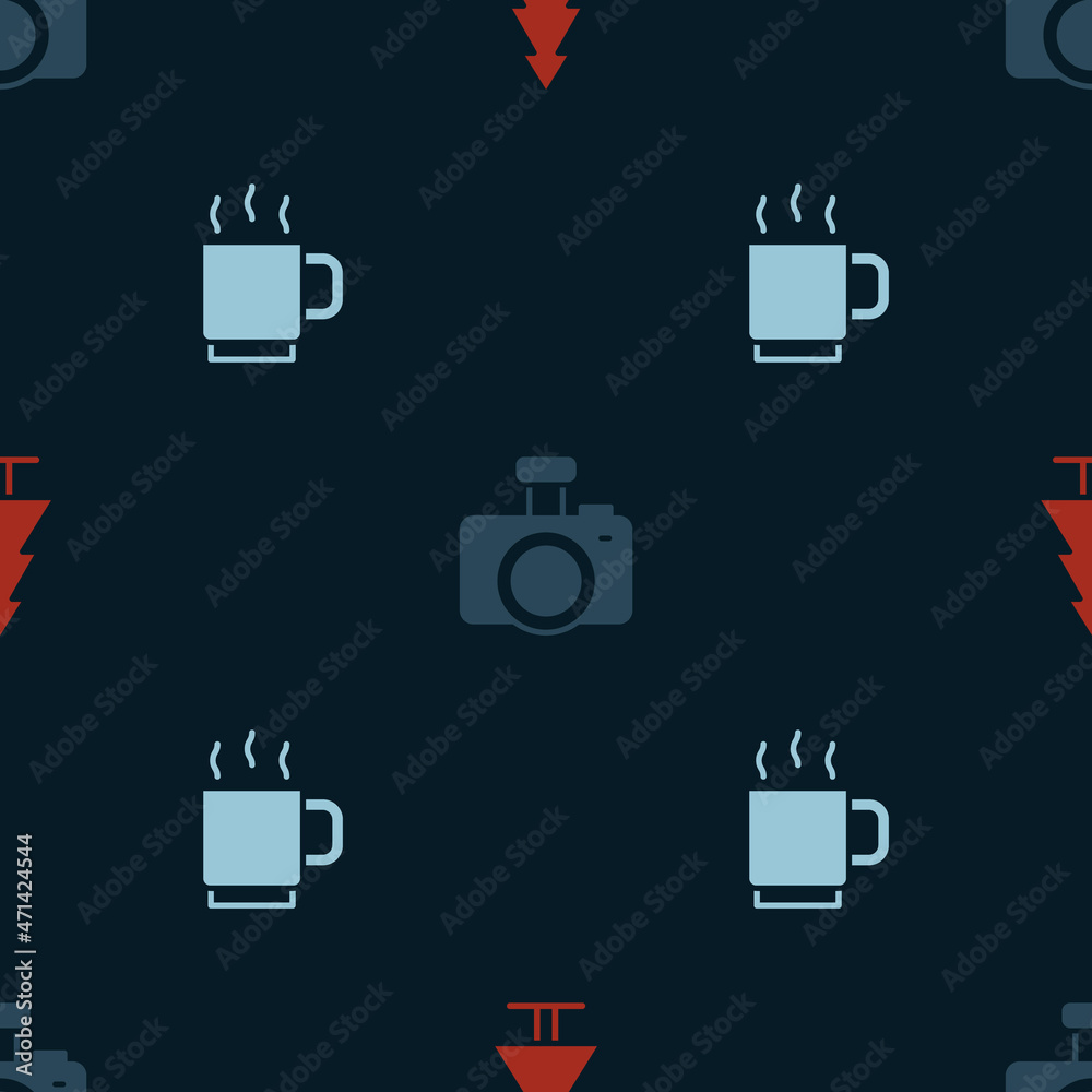 Set Tree, Photo camera and Coffee cup on seamless pattern. Vector Set Tree, Photo camera and Coffee cup on seamless pattern. Vector
