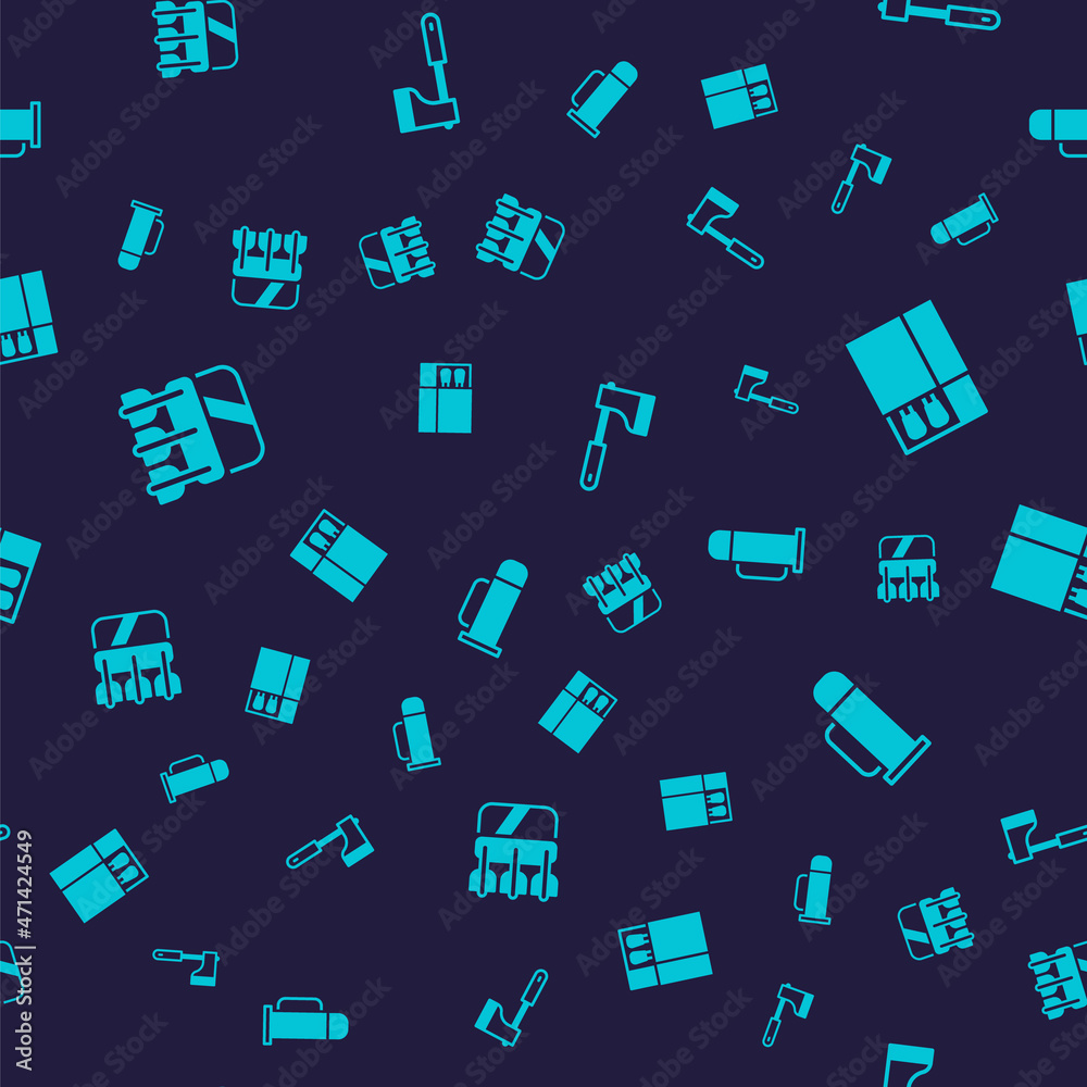 Set Quiver with arrows, Open matchbox and matches, Wooden axe and Thermos container on seamless pattern. Vector Set Quiver with arrows, Open matchbox and matches, Wooden axe and Thermos container on seamless pattern. Vector