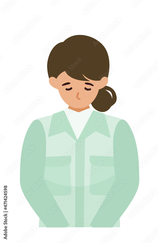 Woman wearing factory worker uniform. Factory worker Woman cartoon character. People face profiles avatars and icons. Close up image of Woman taking a bow.
