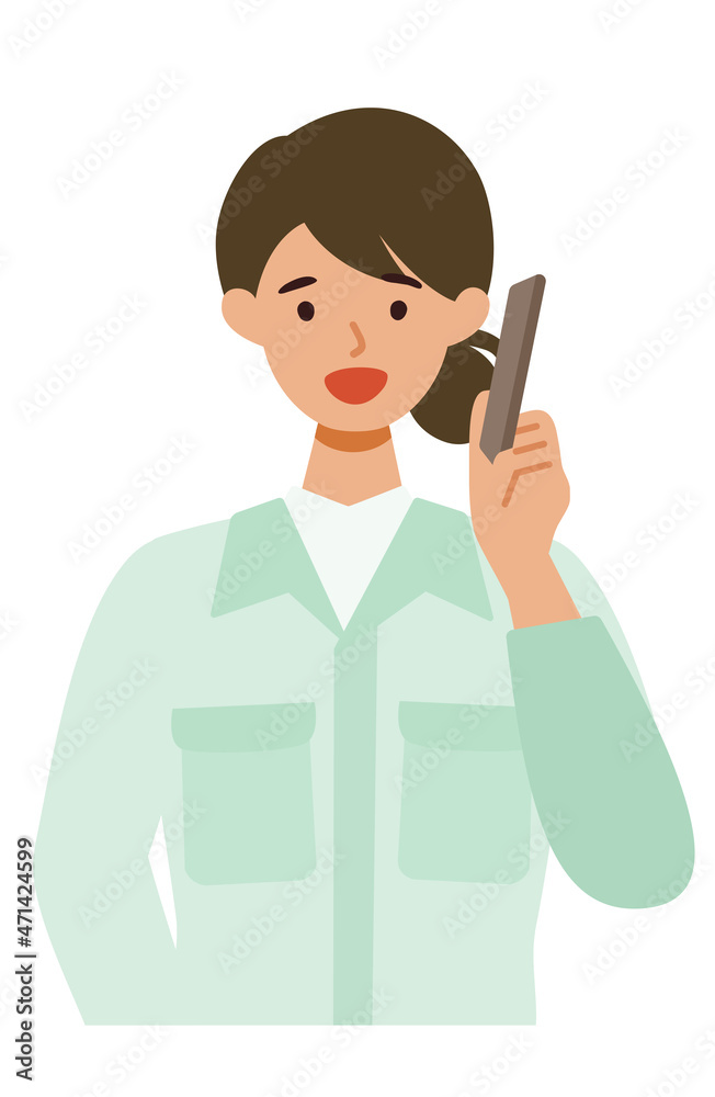 Woman wearing factory worker uniform. Factory worker Woman cartoon  character. People face profiles avatars and icons. Close up image of Woman  using smartphone. Stock Vector | Adobe Stock