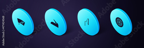 Set Isometric Car wheel, Windscreen wiper, handbrake and icon. Vector