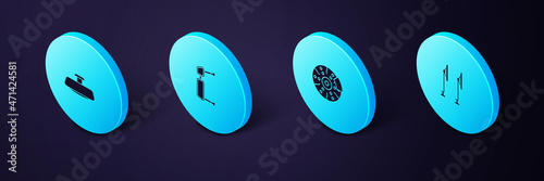 Set Isometric Windscreen wiper, Car brake disk with caliper, Truck side mirror and icon. Vector