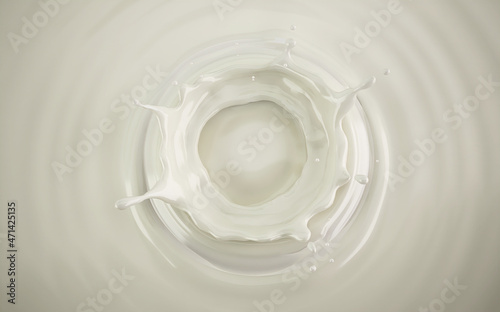 Milk crown splash in milk pool with ripples. Top view.