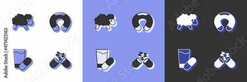 Set Sleeping pill, Sheep, and Travel neck pillow icon. Vector