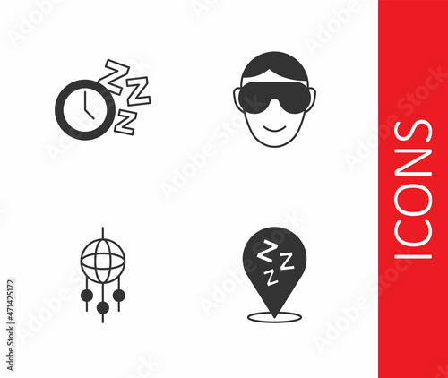 Set Sleepy, Alarm clock, Dream catcher with feathers and Eye sleep mask icon. Vector