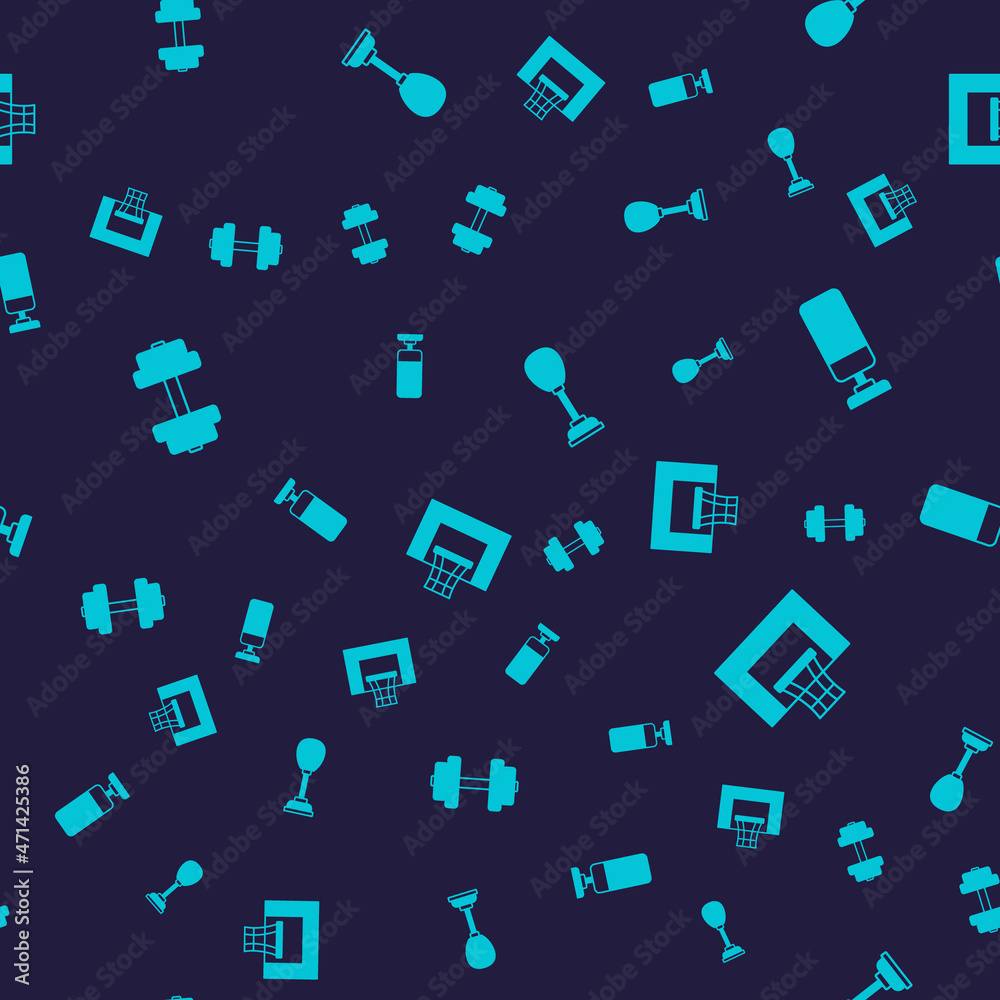 Set Dumbbell, Punching bag, and Basketball backboard on seamless pattern. Vector Set Dumbbell, Punching bag, and Basketball backboard on seamless pattern. Vector