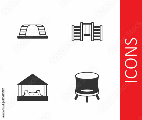 Set Jumping trampoline, Monkey bar, Sandbox with sand and Swedish wall icon. Vector