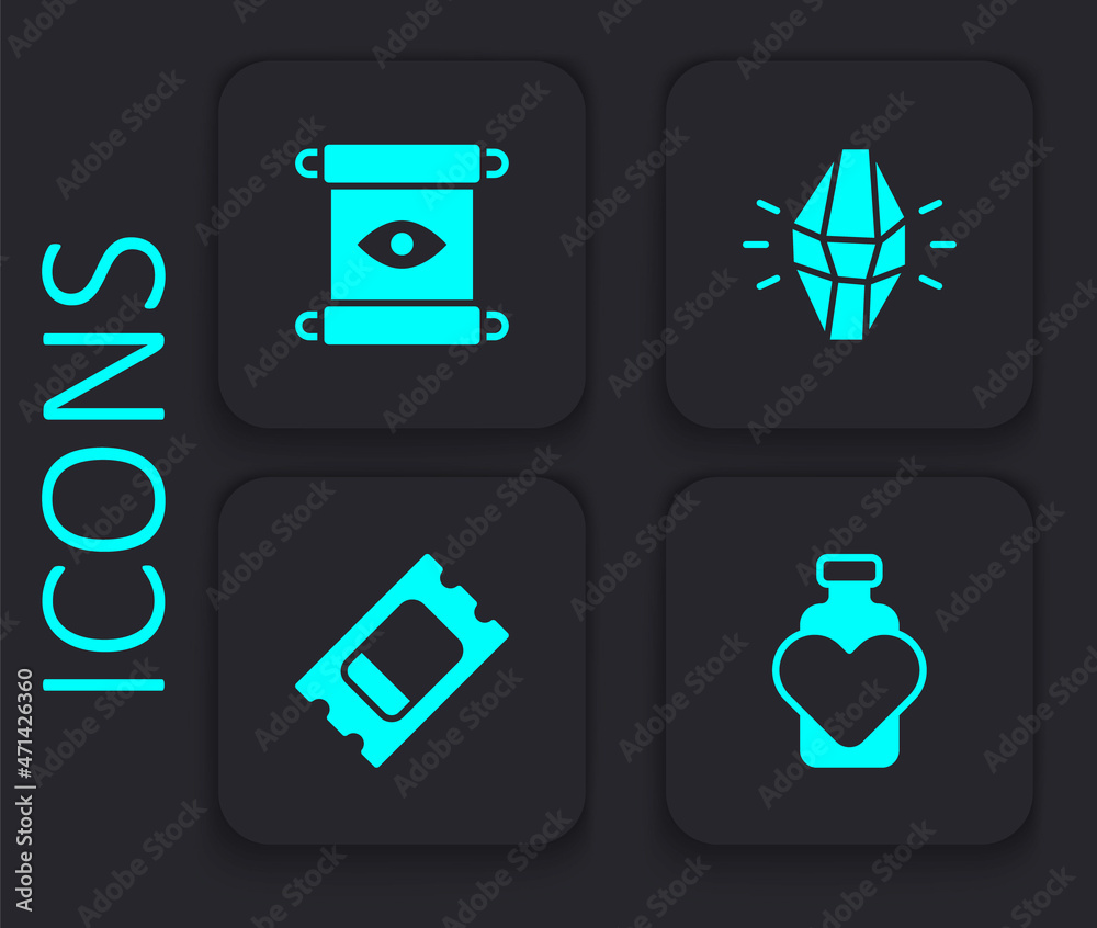 Set Bottle with love potion, Magic scroll, stone and Circus ticket icon. Black square button. Vector Set Bottle with love potion, Magic scroll, stone and Circus ticket icon. Black square button. Vector
