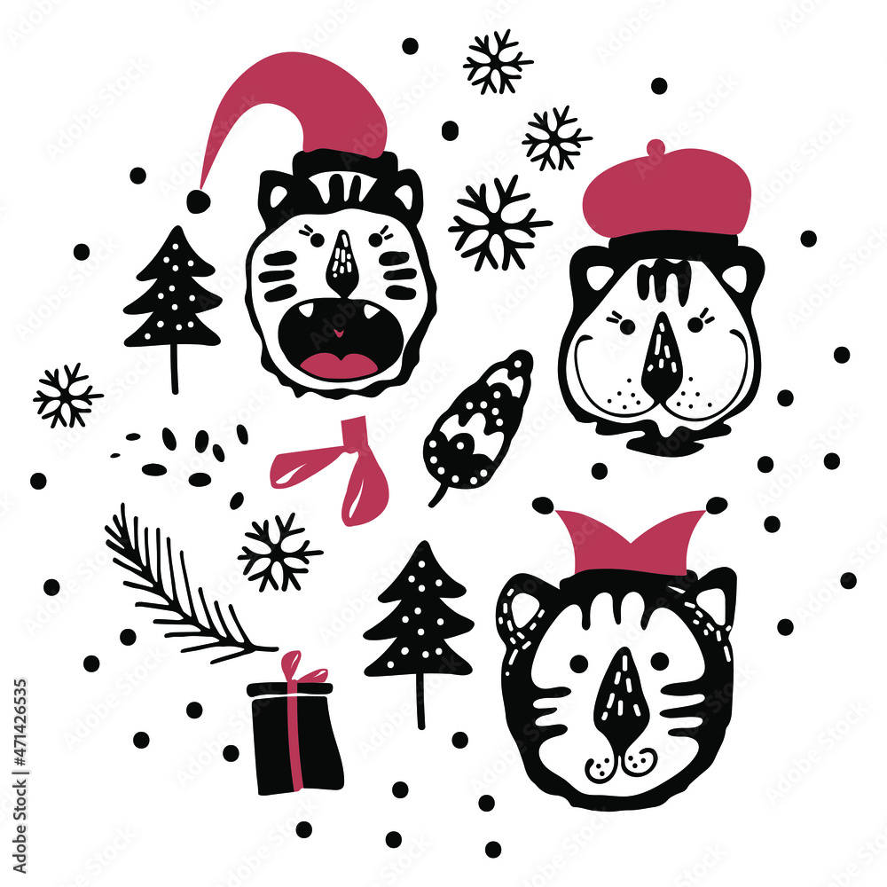 Bundle of portraits of cartoon hand drawn tiger for the design in Scandinavian style. Black and white. Perfect for childish print, t-shirt, apparel, cards, poster, nursery decoration. Christmas Bundle of portraits of cartoon hand drawn tiger for the design in Scandinavian style. Black and white. Perfect for childish print, t-shirt, apparel, cards, poster, nursery decoration. Christmas