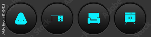 Set Pouf, Office desk, Armchair and Chest of drawers icon. Vector