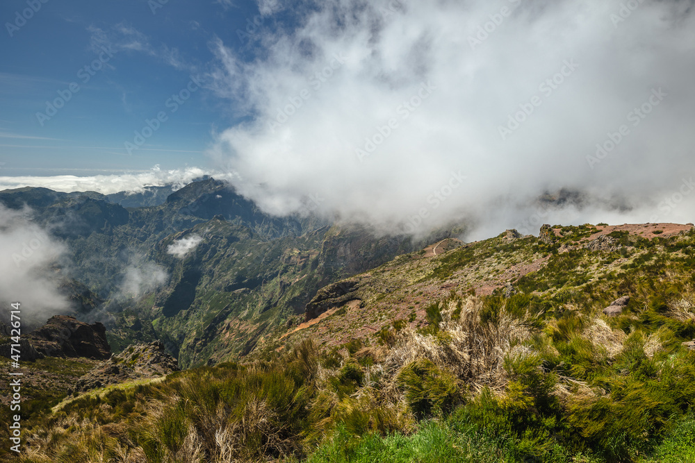 Mysterious mountains in Madeira, shrouded in fog. Pico do Arieiro and other peaks.
