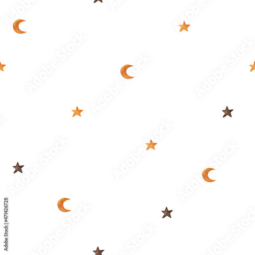 Stars, crescent moon on a white background. Minimalism, watercolor pattern. Cute textures for baby textiles, fabric design, wrapping, scrapbooking, wallpaper, etc.