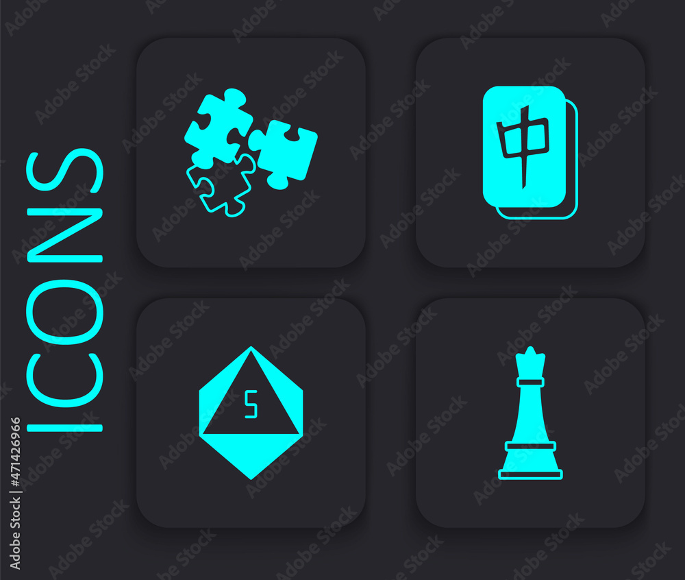 Set Chess, Puzzle pieces toy, Mahjong and Game dice icon. Black square  button. Vector Stock Vector | Adobe Stock